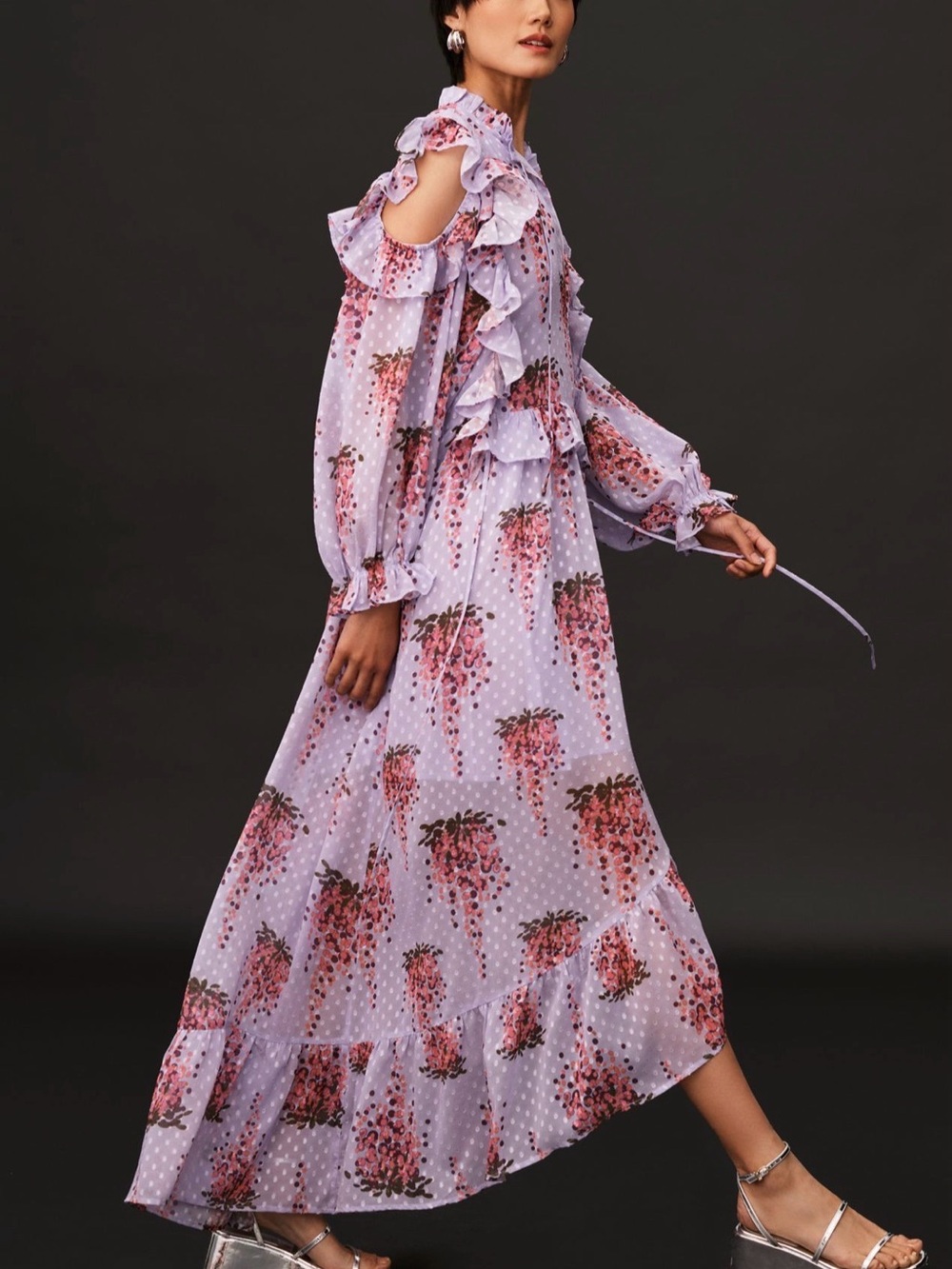 Lavender Floral Ruffle Cold-Shoulder Maxi Dress